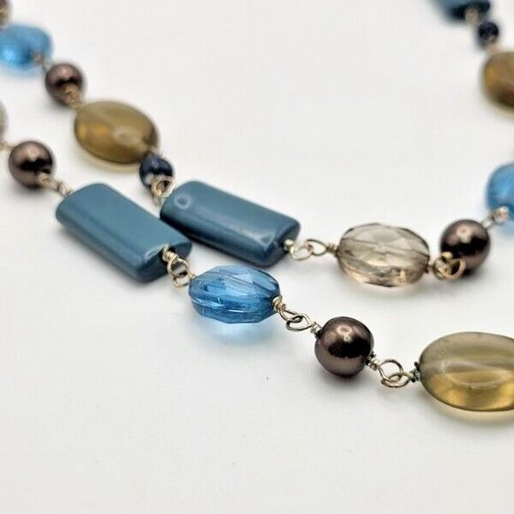2-Strand Blue Porcelain Faceted Glass Smoky Glass Faux Pearl Silvertone Necklace - Picture 1 of 3